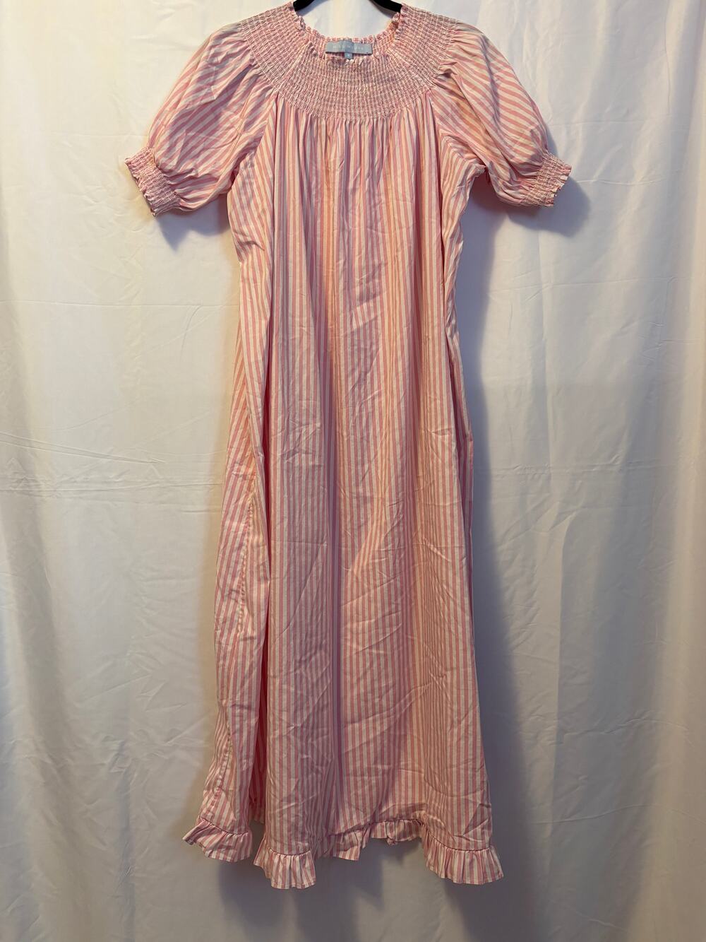 Hill House Night Dress Pink White Striped Round Neck Smocked Short Sleeve Sz S
